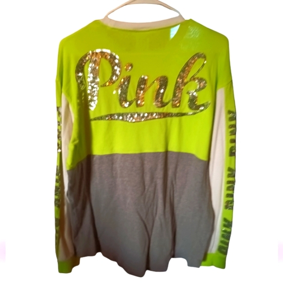 PINK VS Long Sleeve Sequin (Bling) Crewneck Shirt Neon Yellow & Gray 😍🔥💎 rare - Picture 3 of 3